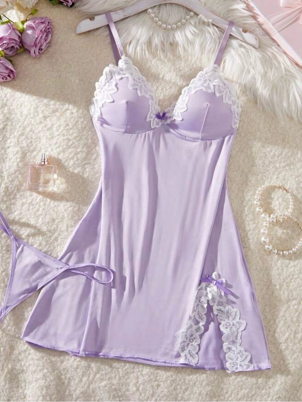 Lavender Lace Trim Chemise with Matching Thong